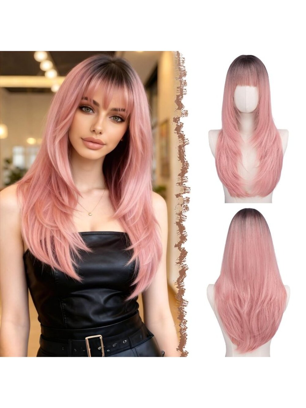 24 Inch Women's Ombre Pink Synthetic Long Straight Sleek Layered Wig with Bangs